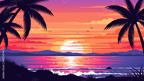 Vibrant Sunset Over Tropical Beach A Colorful Vector Illustration with Palm Trees and Ocean Waves