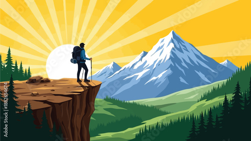 Adventurous hiker stands on cliff edge with backpack and trekking pole overlooking majestic mountain landscape at sunrise