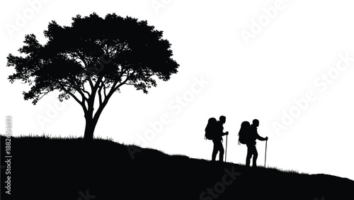 Silhouetted hikers with trekking poles and backpacks walking alongside a large tree on a grassy hill with a crisp white background creating a serene atmosphere