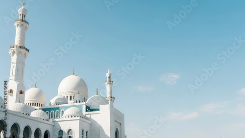 A grand white mosque with tall minarets and domes under a clear bright sky