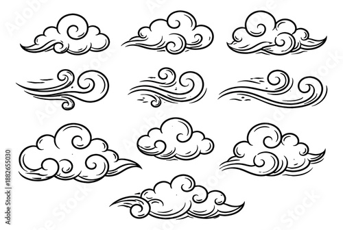 Hand drawn oriental clouds and wind set featuring traditional swirl patterns for decorative designs