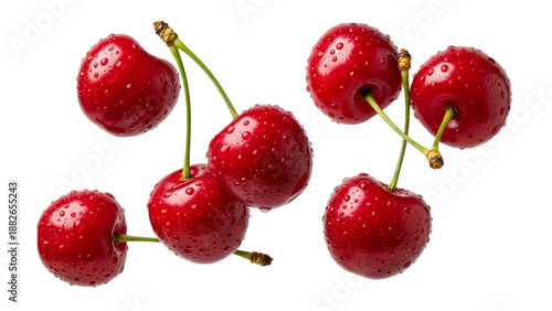 Clusters of ruby red cherries, adorned with sparkling water droplets, present a fresh and enticing visual feast, celebrating healthy fruit