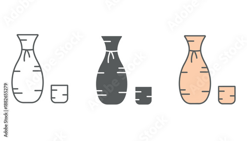 A set of colorful sake bottles and cups on a white background