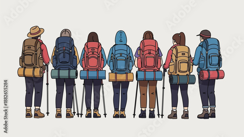 Group of six hikers with backpacks and trekking poles stand together, facing away in a uniform stance.