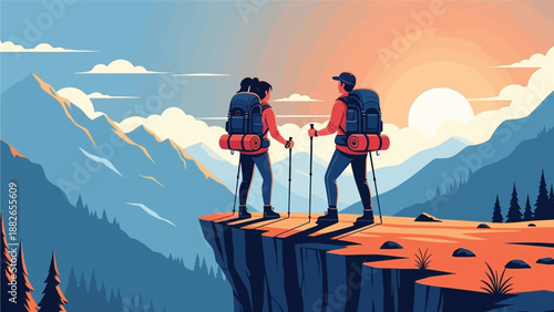 Couple with backpacks and hiking poles standing on a cliff edge, gazing out at a mountainous landscape with a vibrant sunset sky in the background with clouds and sun