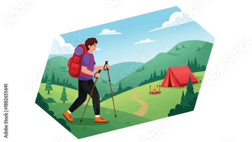 Hiker with backpack and trekking poles on a scenic mountain trail with campsite