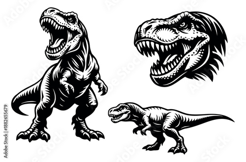 Aggressive dinosaur illustration set featuring Tyrannosaurus Rex in dynamic poses and a head shot for mascots and logos