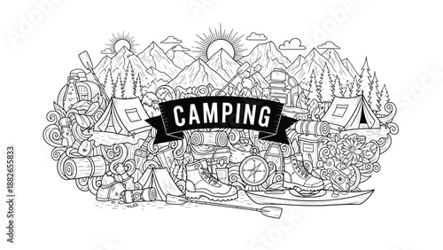 Camping illustration featuring tents, hiking boots, and outdoor gear surrounded by mountains and trees, showcasing a serene camping scene with various adventure elements.