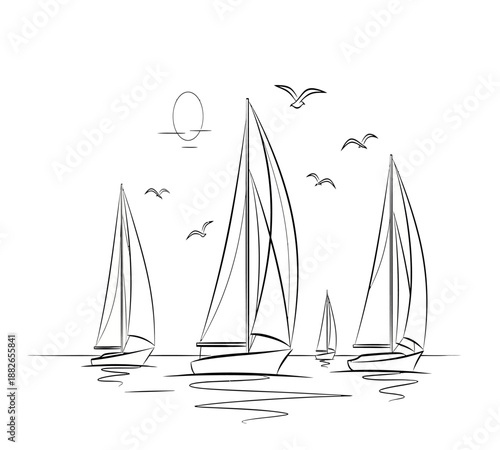 A luxury sailing yacht with white sails cruises across the blue ocean water at sunset during a summer regatta vacation