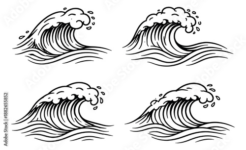 Hand drawn line art ocean wave set featuring crashing waves with foam and droplets for summer and nautical designs