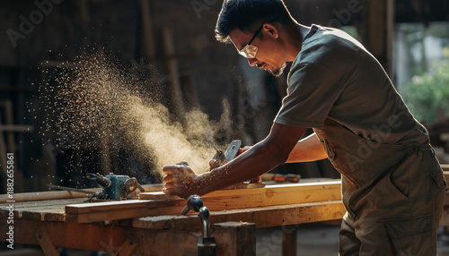 Carpenter working with wood in a workshop, creating sawdust and wood chips