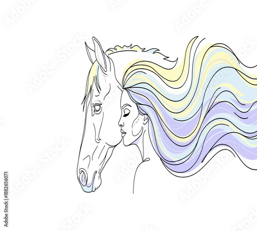 Artistic black silhouette vector illustration of a wild stallion head and a woman with long hair featuring fashion line art drawing style