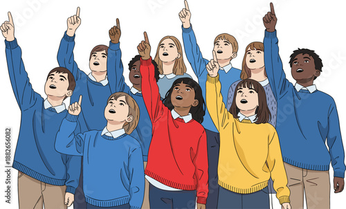 Group of diverse school children looking up and pointing at the sky illustration for education curiosity and science discovery concepts