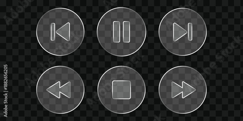 Sleek glass media player buttons with play, pause, and stop icons. Ideal for modern user interface design. Glassmorphism media player controls icon set with music, rewind, and fast forward buttons