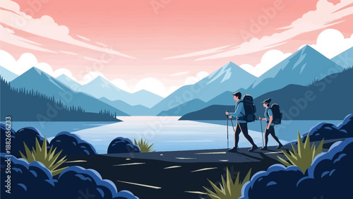 Two hikers with backpacks and trekking poles walk along a scenic trail surrounded by mountains and a serene lake under a pink sky with white clouds.