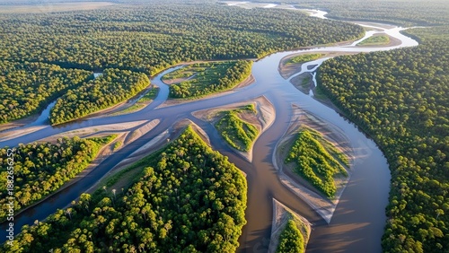 Aerial view a complex river system interweaves through lush dense green forest