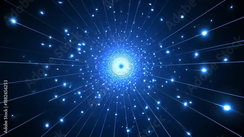 Vibrant blue light rays radiate outward from a glowing center in a dark space.