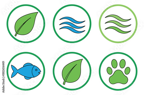 Simple line art ecology icons set featuring leaves, waves, fish, and paw prints for environmental protection and sustainability