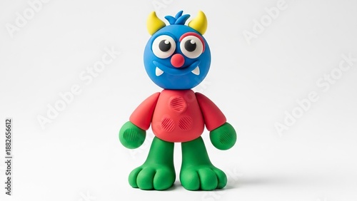 Clay monster blue head red torso green limbs yellow horns on white