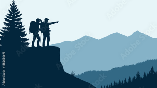Two hikers with backpacks stand on a mountain cliff, pointing towards the distant mountains and enjoying a breathtaking view together, promoting teamwork and outdoor adventure.