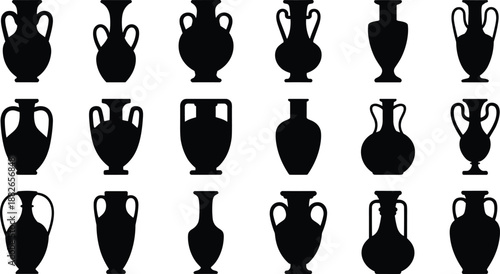 Set of 15 Amphora Vase Silhouettes in Classical Styles Displayed on White Background for Ancient Pottery and Design Reference Use