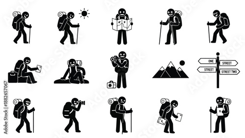 Collection of hikers and travelers in various poses and activities, showcasing exploration and adventure with maps, cameras, and backpacks in a simple and minimalist design style.