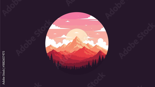 Vibrant mountain landscape illustration with sunrise, trees, and clouds in a circular frame against a dark background, showcasing a serene natural scenery.