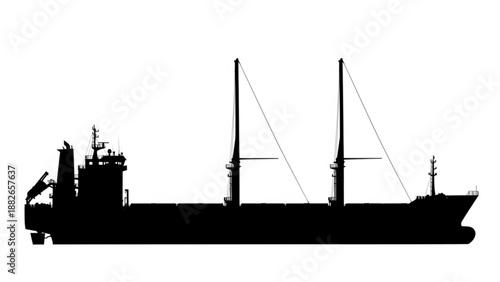 A large cargo ship sails across the calm ocean waters under clear skies.