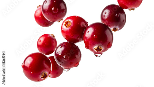 Fresh, vibrant red cranberries with water droplets on a pure white background
