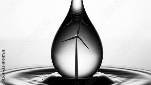Water drop creates ripples with wind turbine reflection