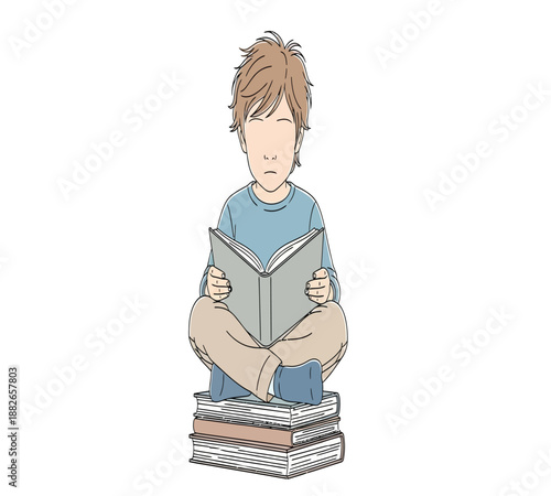 A young schoolboy student sits with a stack of books while learning and studying his homework to improve his education