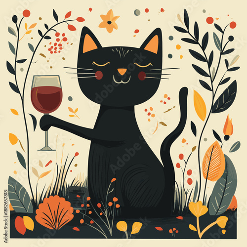 Whimsical Feline Enjoys a Generous Pour of Red Wine with Stylized Foliage Nearby , vector style simple color