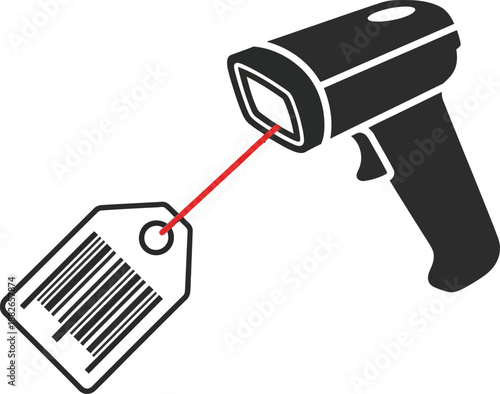 Flat design icon of a handheld barcode scanner with a red laser beam reading a product tag ideal for retail inventory management and point of sale systems