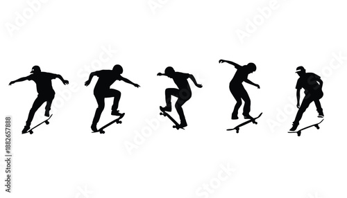 A skateboarder performs various tricks in a series of dynamic silhouettes