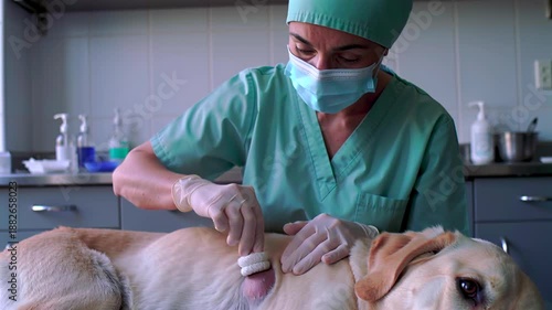 labrador dog on exam table receiving vaccination and abdominal palpation by veterinarian in green scrubs wearing mask and gloves calm atmosphere with clinical instruments, sterile surfaces,