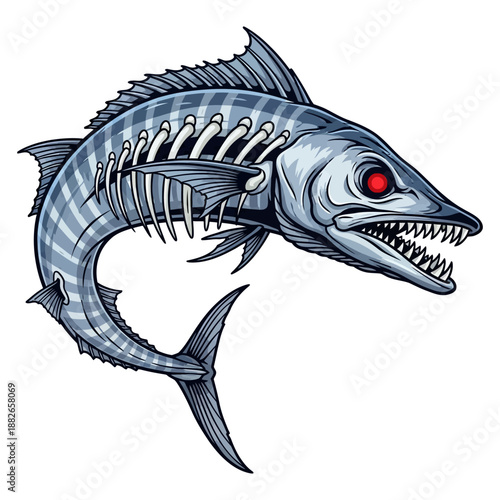 wahoo fish skeleton mascot with red eyes and sharp teeth for fishing team or brand logo