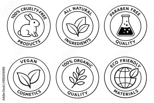 Line art product certification badges set featuring ethical, natural, and organic symbols for packaging and branding