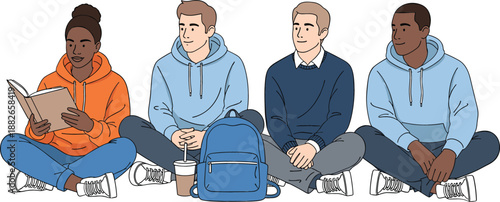 Diverse group of college students sitting on the floor with a backpack book and coffee cup illustration for university life and education concept flat vector