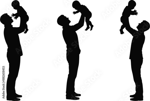 Silhouette illustration of adults joyfully lifting babies in the air, symbolizing love, bonding, and playful moments of parenthood and family connection