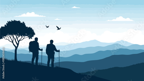 Two hikers with backpacks stand together on a hill, gazing out at a serene mountain landscape with birds flying overhead.