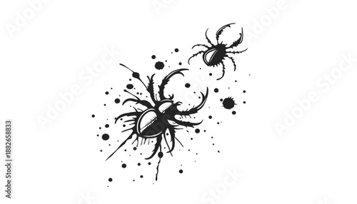 A black and white illustration of two spiders with ink splatters
