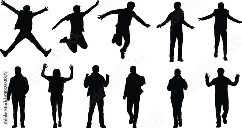 Silhouette illustration of people in various jumping and standing poses, showcasing expressive body movements for design, animation, and posture studies