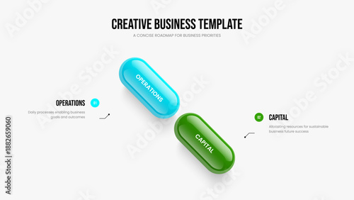Company Briefing Two Element Infographic Slide Design. Creative Proposal Frame Template Vector Illustration. Service Growth 2 Option Diagram Slideshow Layout.