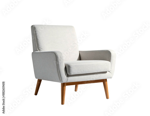 Light-colored upholstered armchair with wooden legs