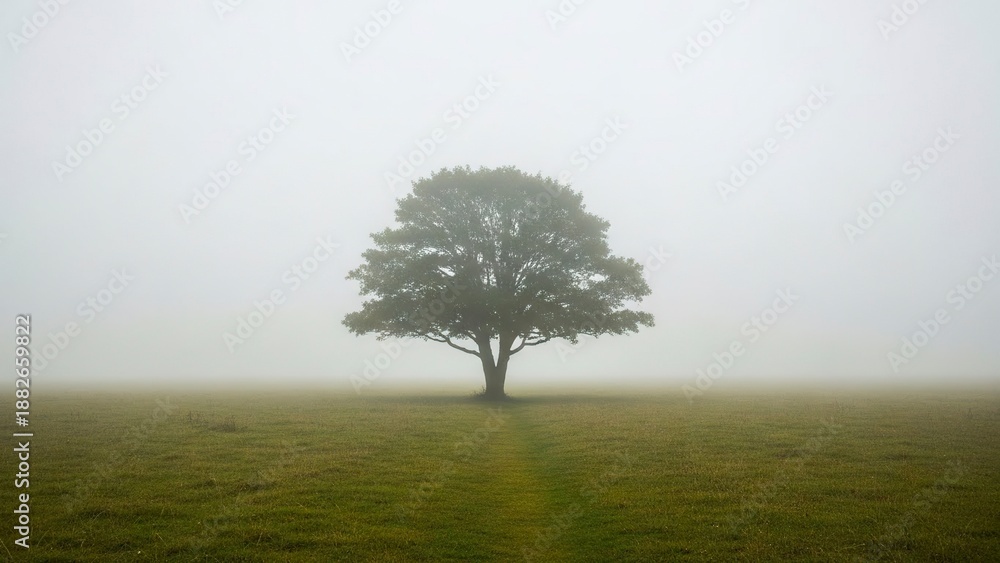 Obraz premium A lone tree stands in a foggy field fading into the mist