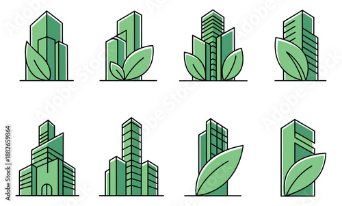 Line art eco building icon set featuring green architectural designs with leaves for sustainable real estate development
