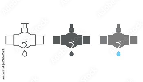A set of three faucet icons with water droplets in different colors
