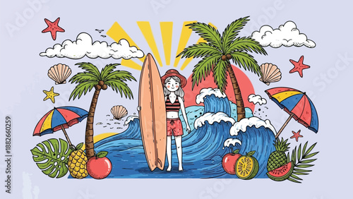 Surfer girl holding surfboard on tropical beach doodle sketch vector