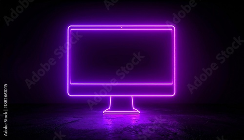 Glowing neon outline of computer monitor—purple hue on dark background with minimalistic futuristic design.