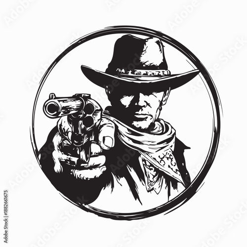 Cowboy Aiming Revolver Logo Vector Isolated on White Background